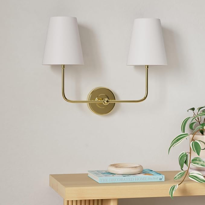 Battery Operated Double Wall Sconce, Cordless Rechargeable Battery Powered 2-Lights Fabric Sconces with Remote Control,Dimmable Sconce Wall Decor Lights for Vanity,Bedroom, Living Room