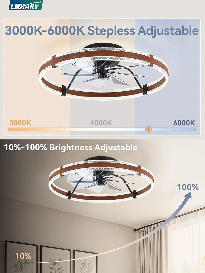 LEDIARY 24'' Modern Low Profile Ceiling Fans with Lights and Remote, Walnut | 3000-6000K Dimmable LED, 6 Wind Speeds, Quiet Reversible DC Motor, Small Flush Mount Fandelier for Bedroom, Living Room
