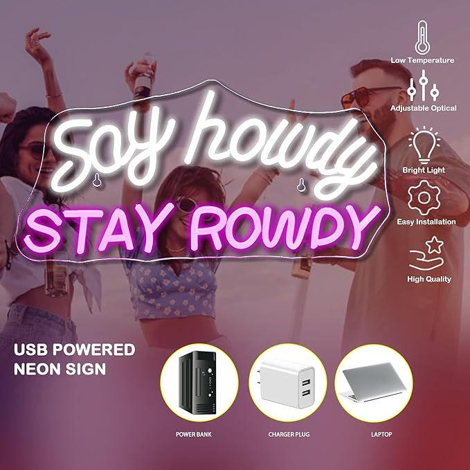 Say Howdy Stay Rowdy Neon Sign Wall Decor Dimmable Neon Light for Man Cave Pub Beer Bar Bedroom Recreation Room Gift