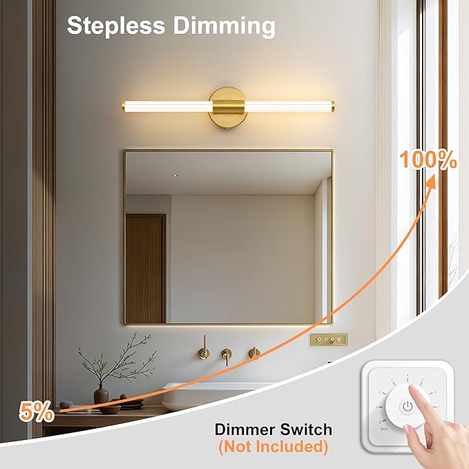 LED Bathroom Light Fixtures, Gold Vanity Lights for Bathroom, 360° Full Lighting Dimmable LED 23 inch Vanity Light Bar Over Mirror, Hardwired Modern Wall Sconce Warm White for Bedroom Living Room