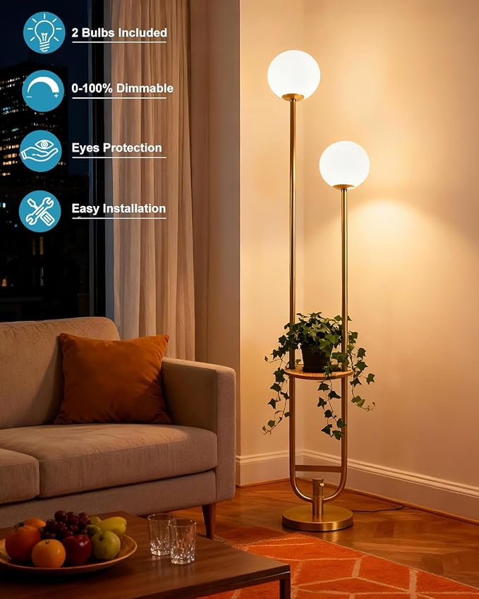 Lightdot 63IN Gold Floor Lamp with Table 2 Globe Mid Century Standing Lamps with 3000K LED Bulbs Unique U-Pole Vintage Floor Lamp with 5Lbs Heavy Base for Living Room/Party/Sofa Beside/Corner Decor