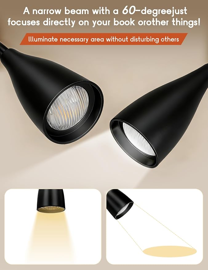 2 PCS Reading Light for Book in Bed,Clip on Light Reading Lamp with Adapter | 5 Color Modes 10 Brightness, Eye-Caring Clip on Desk Lamp Book Light for Reading in Bed Headboard Bedside Bedroom (Black)