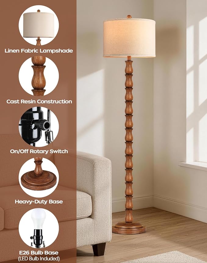 63.5" Rustic Floor Lamp for Living Room, Farmhouse Floor Lamp with Rotary Switch & Linen Shade, Vintage Resin Tall Standing Lamp for Bedroom Corner Office Home Decor, Light Walnut (LED Bulb Included)