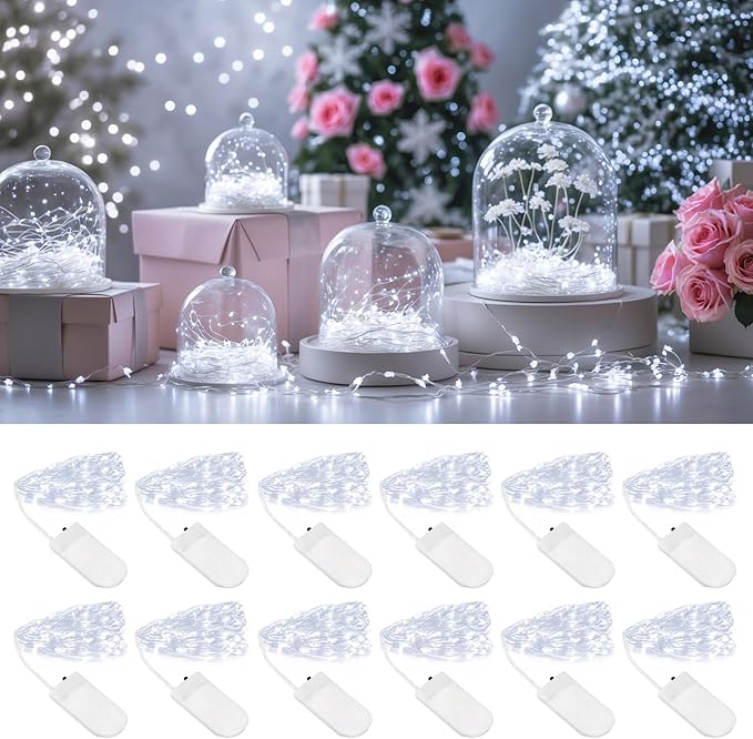 12 Pack LED Fairy Lights, 7ft 20 LED Battery Operated Silver Wire String Lights, Cool White Mini Starry Lights for DIY Crafts, Wedding, Party, Bedroom, Christmas Decor, (12 Pack – Cool White)