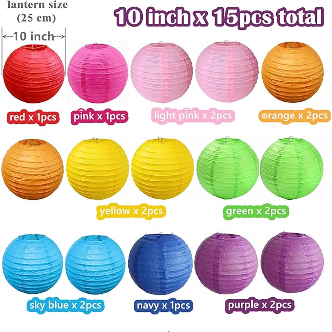 15pcs Colorful Paper Lanterns Multicolor Hanging Ball Lanterns for Birthday Wedding Bridal Baby Shower Home Office Classroom Outdoor Indoor Party Decoration (10 inch)