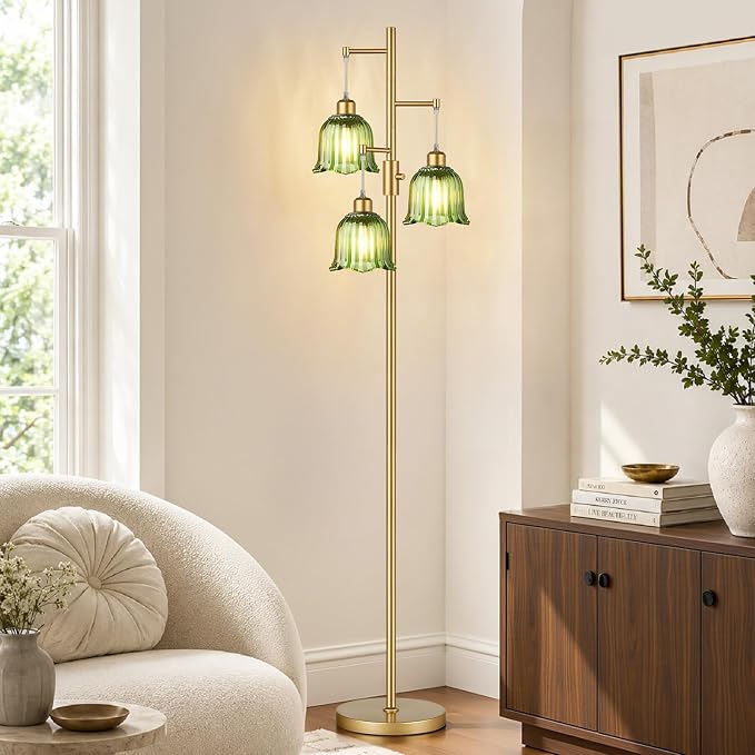 Dimmable Flower Floor Lamp, 3 x 900LM LED Bulbs Included, Modern | 70" Gold Tree Standing Lamp, 3 Lights Elegant Green Glass Flower Shade, Vintage Floor Lamps for Living Room, Bedroom, Office