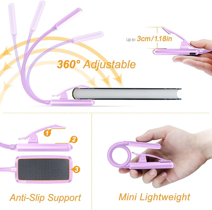 Gritin 9 LED Rechargeable Book Light for Reading in Bed | Eye Caring 3 Color Temps,Stepless Dimming Brightness,80 Hrs Runtime Small Lightweight Clip On Book Reading Light-Purple