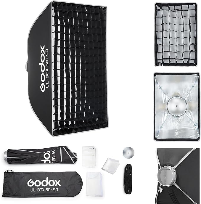 Godox Softbox UL-60x90 Large Rectangular Softbox, Quick-Release Umbrella Bowens Mount with Grid & Diffuser & Deflector, for Video Recording & Live Streaming