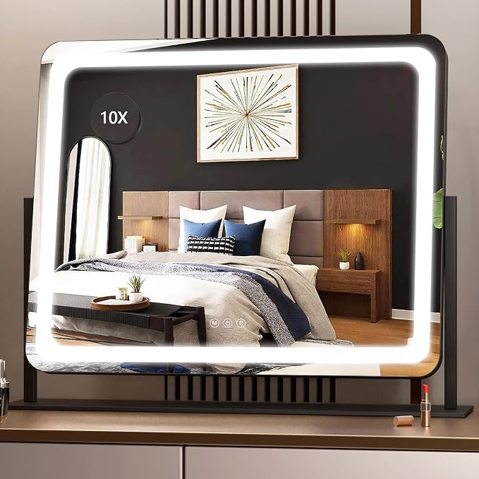 Hasipu Vanity Mirror with Lights, 24.2" x 20" LED Make up Mirror, Light up Mirror with 10X Magnification, Smart Touch 3 Colors Dimmable, Brightness Adjustment, 360° Rotation (Black)