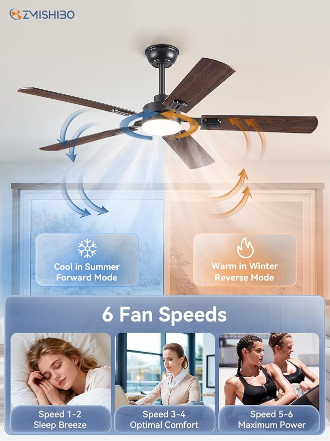 ZMISHIBO 52" Ceiling Fans with Lights and Remote, Black Modern for Indoor | 24W 2400LM Bright LED, 3CCT, Dimmable, App Control, Farmhouse Dual Finish Blades, Quiet&Strong Motor for Bedroom, Living Room