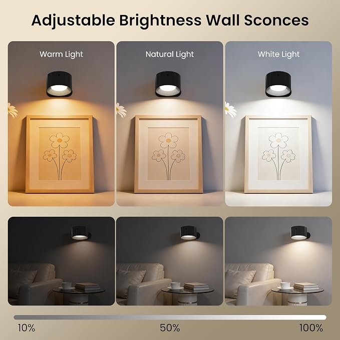 Rechargeable Wall Sconce, Dimmable LED Reading Light with Remote Control & Timer, 3 Color Temps Battery Operated Cordless Wall Lights for Living Room Hallway, 3 Pack - Black
