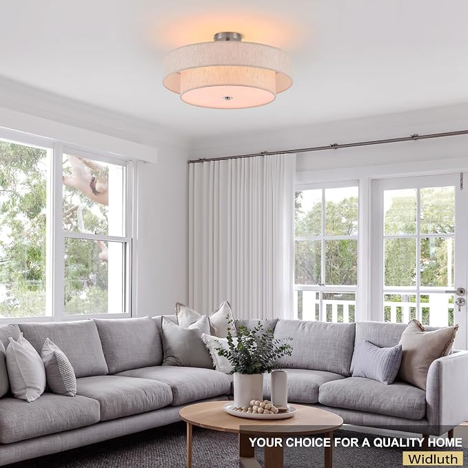21.7" Large Chrome Flush Mount Ceiling Light, Linen 4-Light Fixture | Beige Linen Double Drum Shade, Modern For Bedroom, Living Room, Kitchen, Dining Room, Nursery,Close-To-Ceiling, E26, Dimmable
