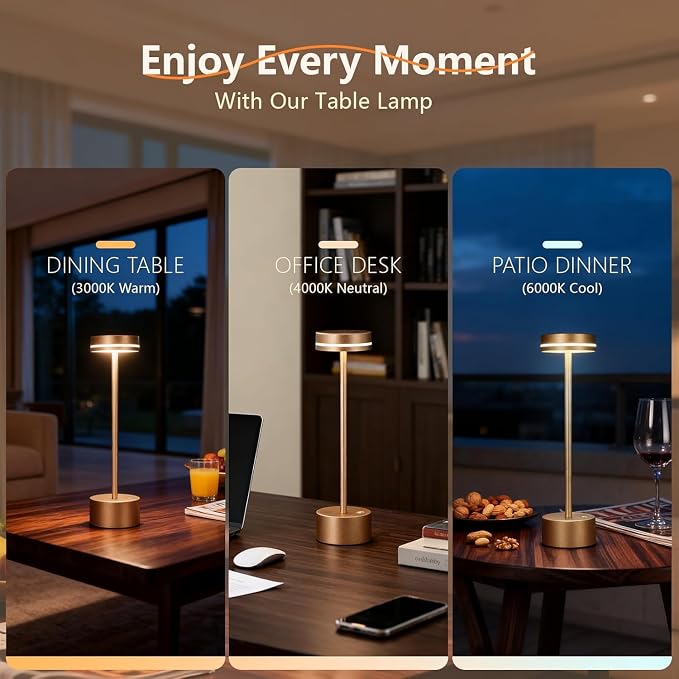 2 Pack Cordless Table Lamp Rechargeable, Touch Desk Lamp - 5000mAh Battery, 3 Color Dimmable Led Light, Small Portable Aluminum Light for Outdoor/Patio/Dining/Tabletop/Bar/Office, Home Decor