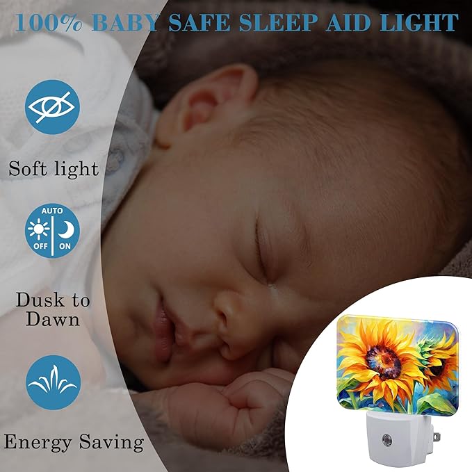 Sunflower Modern Art Painting Plug in Night Lights, Sunflower Nightlight Plug Into Wall Dusk to Dawn Sensor for Kid Girls Boys Women Men Bedroom, Hallway, Kitchen, Bathroom, Stairs Decor