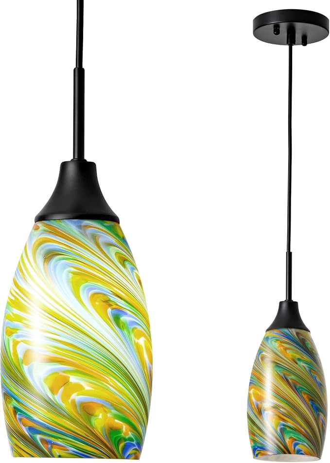 Viinew Mini Glass Pendant Light 4.72" Colorful Oval Pendant Lights | 1-Pack Handblown Art Glass Hanging Pendant Light for Kitchen Island Dining Room Living Hallway Black Metal