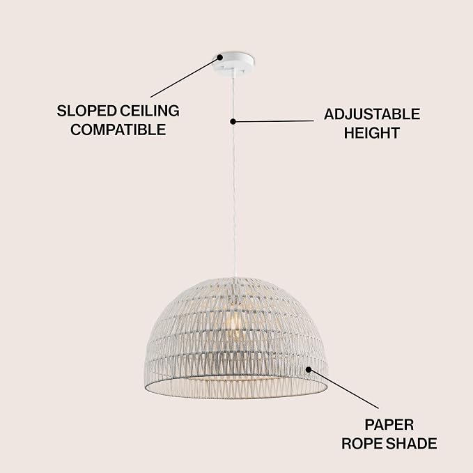 JONATHAN Y Campana 1-Light Pendant Dome Ceiling Lamp, 20", White | Modern Coastal Farmhouse Decor, Adjustable Height, Woven Rope Metal Frame, LED Bulb Included, UL Listed
