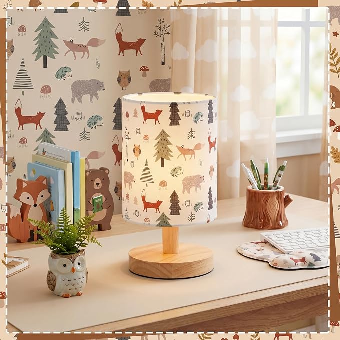 Woodland Animals Kids Table Lamp for Bedroom Kids Bedside Lamp with Linen Wooden Nightstand Cartoon Nursery Lampshade for Girls Boys Living Room