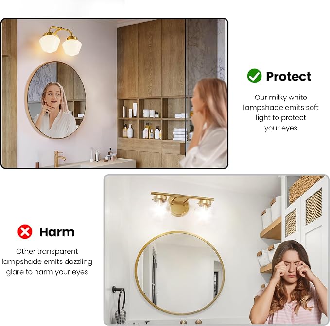 RUIYEY Bathroom Vanity Light Fixtures: 2-Lights Gold Bathroom Lighting Fixtures Over Mirror, Mid-Century Modern Wall Sconces with Frosted Milky Glass for Kitchen Bedroom Hallway