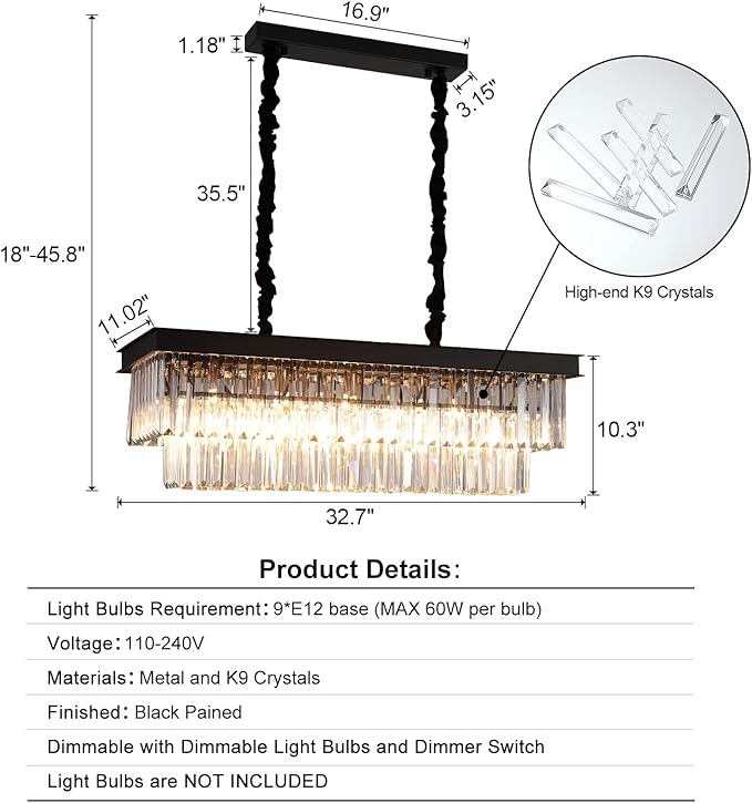 Crystal Chandelier for Dining Room,Rectangular Black Chandelier Modern Rectangle Pendant Light Fixtures for Kitchen Island L33” K9 Contemporary Long Chandelier