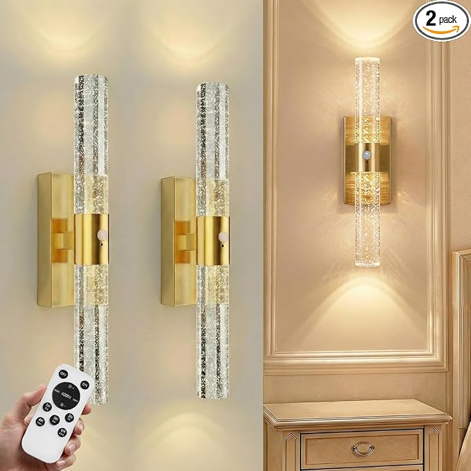 IRONPAX Wall Sconces Battery Operated Set of 2, Wireless Rechargeable Wall Sconce Set of Two, Dimmable Wall Lights with Remote for Bedroom Living Room Hallway Decor (Brushed Gold, Bubble Crystal)