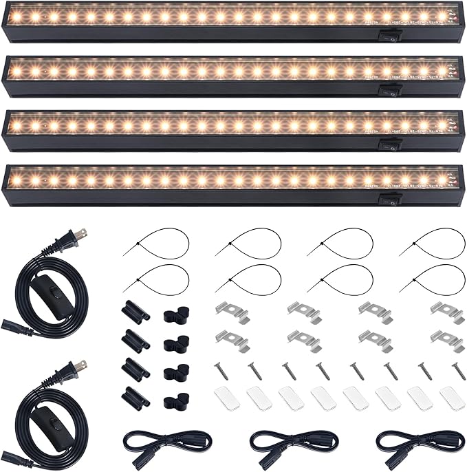 Barrina Grow Lights for Indoor Plants, Full Spectrum Sunlight, Black Cover LED Grow Light Bulbs, T5 Grow Light Strip, 1ft Plant Light for Indoor Plants Growing, 3 Mounting Modes, Yellow, 4 Packs