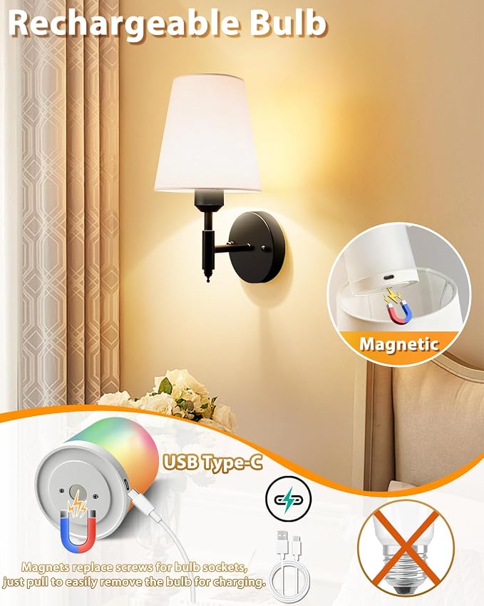 Adetu Battery Operated Wall Sconces Set of 2, Black Rechargeable Wall Lights
