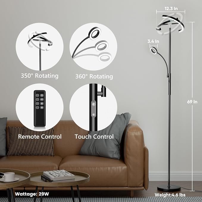 LED Floor Lamp for Living Room - Modern Standing Lamp with Reading Light, Remote Touch Control Floor Light Dimmable Mother-Daughter Tall Bedroom Lamp for Couch Office, 29W, Black