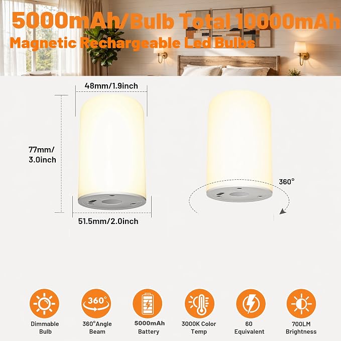 Rechargeable Wall Sconces Set of 2, 10000mAh Magnetic LED Bulb Wall Lights, 9 RGB Colors 3 CCT Dimmable, Battery Operated Cordless Wall Scone Lamp for Bedroom Living Room Home Decor