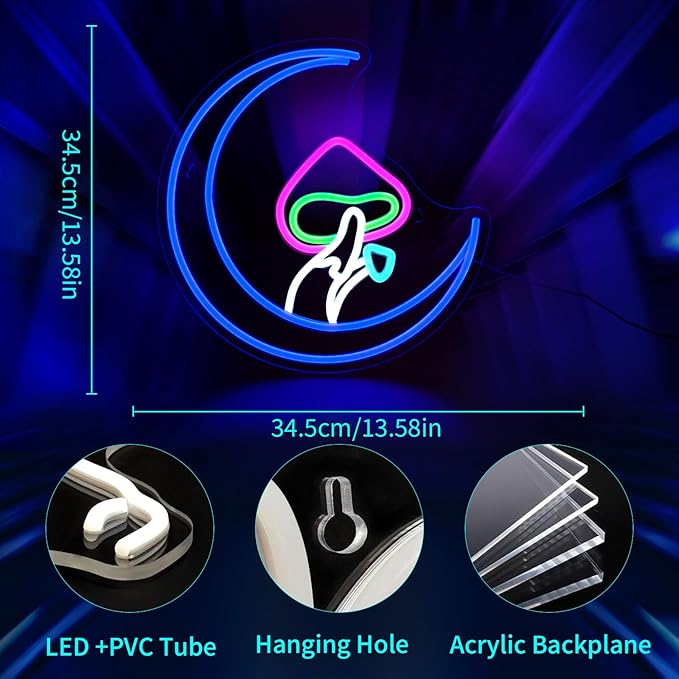 Mushroom Moon Neon Sign, JGHTURIE Cute Led Neon Signs for Wall Decor Blue Light Up Sign for Room, Living Room, Home, Bar Signs, Party, USB Powered