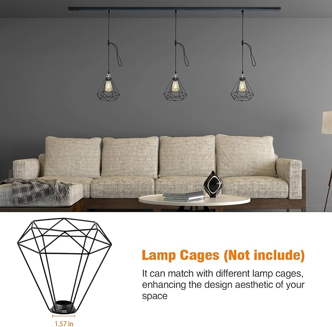 H Track Pendant Lights with Adjustable Cord, H Type Track Lighting Pendants Lights Fixtures with E26 Socket, Retro Vintage Style, Max Length 39.37 inch, Black 6 Pack(Bulbs Not Included)