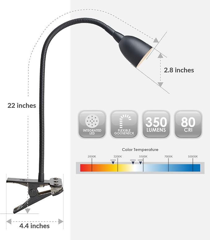 Newhouse Lighting NHCLP-OL-BK Olivia Dimmable and Color Temperature Changing Clamp Light Desk Lamp Black