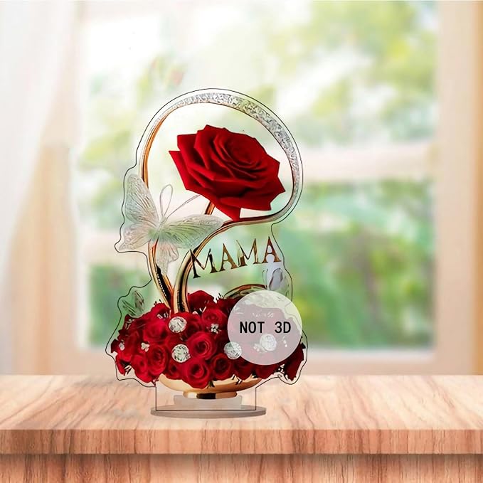 Rose Flower Ornament 2D Flat Acrylic Tabletop Present with Floral Butterfly Designs DIY Crafts Mothers Day Present Home and Office Desktop Ornaments Decorations Supplies
