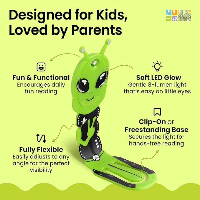 Gifts for Readers & Writers Bookmark Reading Light Alien Green - 2in1 Clip On Bookmark Kids Book Light for Reading Night in Bed, Travel Cute Book Lights, Flexible 8 Lumen LED Lights for Books