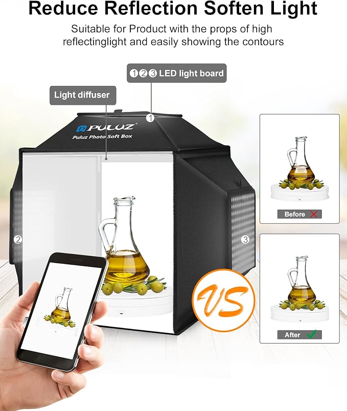 PULUZ Upgraded 16x16 inch Photo Light Box, 480 LEDs Photo Studio Tent Soft Box, CRI 95+ Dimmable Shooting Box with 4 Backdrops for Product Photography