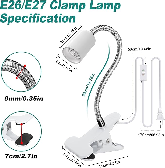 Desk Clip Lamp Holder, Clip on Light with Metal Clip Base,360° Flexible E26/E27 Book Clamp Light Fixture with 7.2 FT Cable, 9MM&350MM Thickened Lengthened Gooseneck Clamp Light Socket, for Study Work