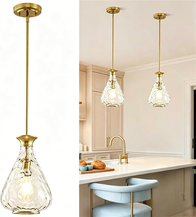 Modern Pendant Lights Kitchen Island, 1 Pack Brushed Gold Pendant Light Fixtures with 8.5" Clear Hammered Glass Shade, Industrial Hanging Pendant Lights Fixture for Kitchen Island Dining Room Entryway