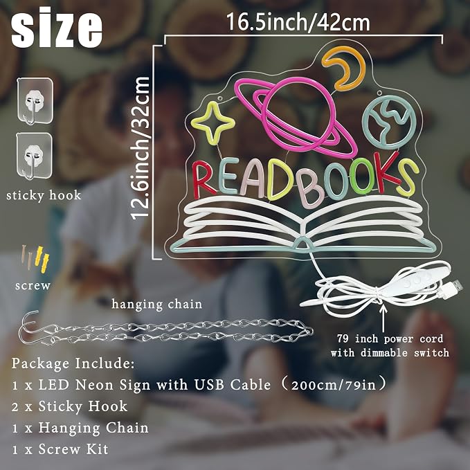 Read Books Neon Sign Dimmable Planet and Book Neon Light for Wall Decor | USB Powered Read LED Neon Signs for Classroom Reading Room Bookstore Library Bedroom Study Room Bookish Decoration for Teens