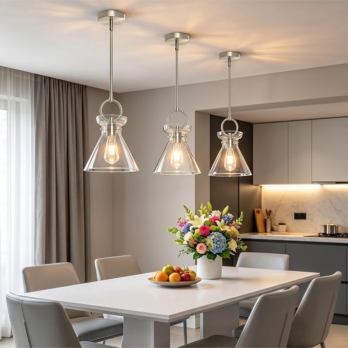 Glass Pendant Lights Kitchen Island Nickel 9.84'' Clear Glass Shade | Modern Pendant Lighting Over Sink, Adjustable Hanging Ceiling Light, E26 Dimmable Hardwired for Dining Room Hallway, 1-Pack