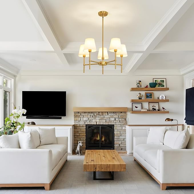 Dining Room Chandeliers Light - 5-Light Gold Modern Chandeliers Light Fixtures with White Fabric Shade, Height Adjustable Pendant Island Light for Entryway Farmhouse