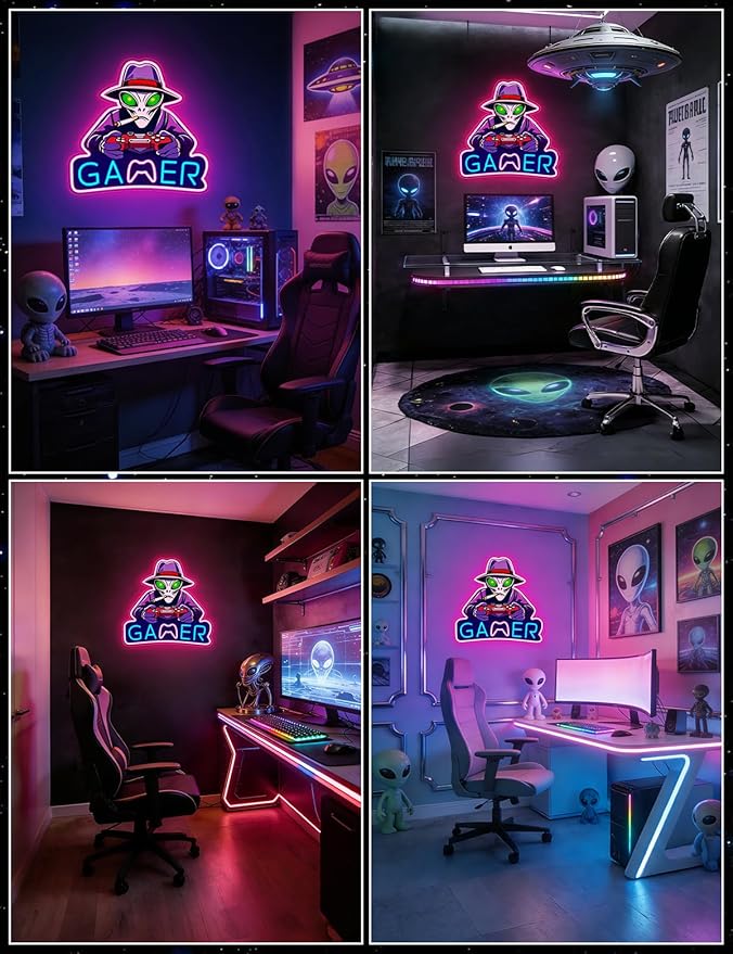Alien Neon Signs for Gamer Room Wall Decor, Gamer Neon LED Signs Light for Man Cave, UV Printed Gaming LED Light for Bar Party Birthday Christmas Gift (Alien Gamer)