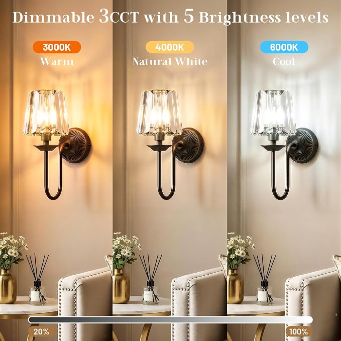 Black Battery Operated Wall Sconces Set of Two, Crystal Wireless Rechargeable Wall Lights with Remote, Dimmable 3 CCT and 12 RGB Cordless Wall Lamps for Bedroom Living Room Hallway Decor