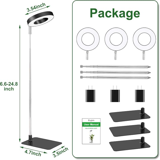 Black 3.54" LED Grow Light, Full Spectrum Plant Lights for Indoor Growing with 3/9/12H Timer, 3 Color Modes, 10 Brightness, Height Adjustable, Small Halo Grow Light with Base, 3 Pack