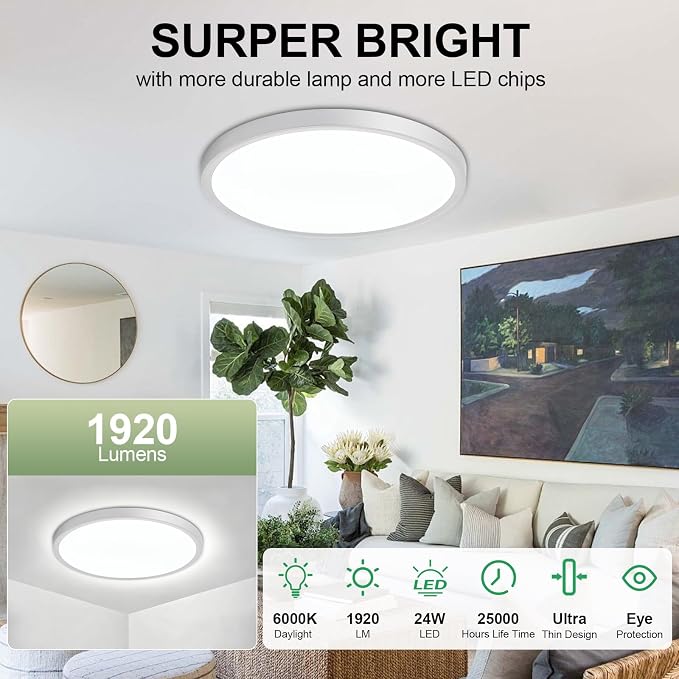 LED Flush Mount Ceiling Light: 12 inch 1Pack Super Slim Dimmable & 5CCT (2700-6500K) Kitchen Lighting Fixtures Ceiling - 24W Silver Low Profile Ceiling Lamp for Bedroom Garage Hallway