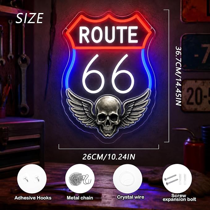 Route 66 Neon Sign Vintage LED Wall Decor Skull Wings Garage Man Cave Light