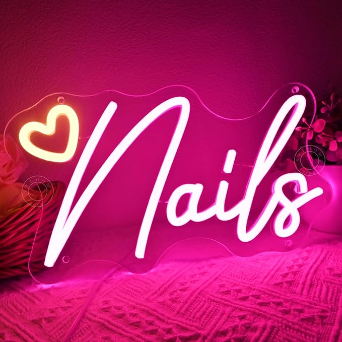 SYLHOME Led Neon Light Sign Nails With Heart Nail Studio Beauty Salon Business Makep Room Wall Sign Decor Birthday Party Backdrop 11.81" X 6.7" USB