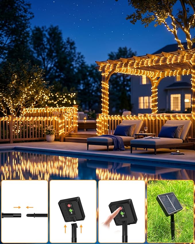 btfarm Solar Rope Lights, 120LED 46FT String Lights Outdoor Waterproof | 2 Pack 8 Modes, Timer Memory Function, Tube Trampoline lighting for Outside Garden Tree Christmas Yard Patio Decor,Warm White