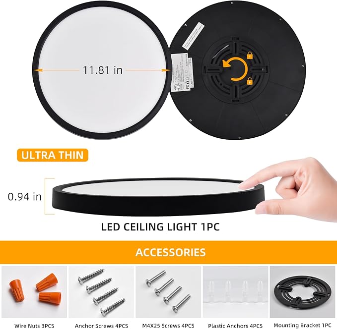 Hlite 12 Inch Flush Mount LED Ceiling Light,2400LM,3CCT,4 Pack | 24W 3000K/4000K/5000K Selectable,Low Profile Ceiling Light Fixtures for Kitchen Bedroom Hallway Laundry Room Closet,Black
