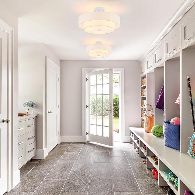 18" White Semi Flush Mount Ceiling Light, Linen 3-Light Fixture | White Linen Double Drum Shade, Modern Style For Bedroom,Hallway, Kitchen And Laundry; Close-To-Ceiling, E26, Easy Install