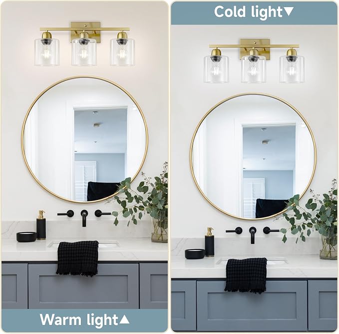 Modern Brushed Gold 3 Light Bathroom Light Fixtures, 19 inch Vanity Lights for Bathroom with Clear Glass, Bathroom Lighting Fixtures Over Mirror for Mirror Kitchen Living Room
