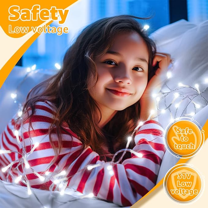 Ollny 120LED 40FT String Lights, Cool White Plug in Fairy Lights with Timer 8 Modes, Waterproof Connectable Indoor Light for Bedroom Wedding Classroom Outdoor Holiday Party Decorations